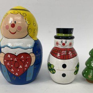 Set of 3 Multicolored Christmas Tree, Matryoshka Joy Nesting Doll And Snowman